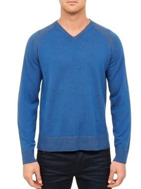 ROBERT GRAHAM Mens V-Neck Sweater Wool/Cashmere Blue L
